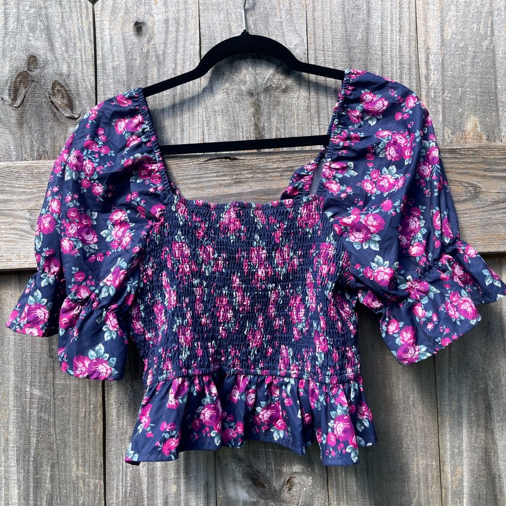 SHEIN Navy and Pink Floral Smocked Blouse Size 0XL